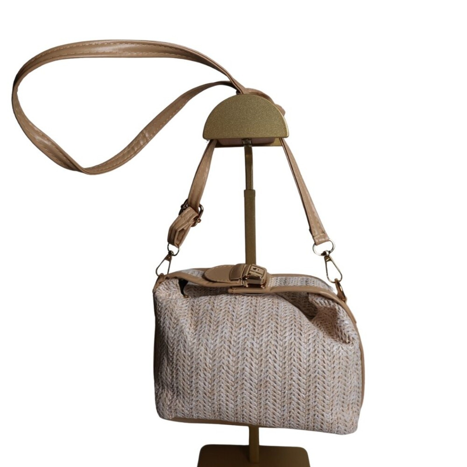 NWT Raffia Woven Bucket Bag Khaki Brown Gold Top Handle Crossbody