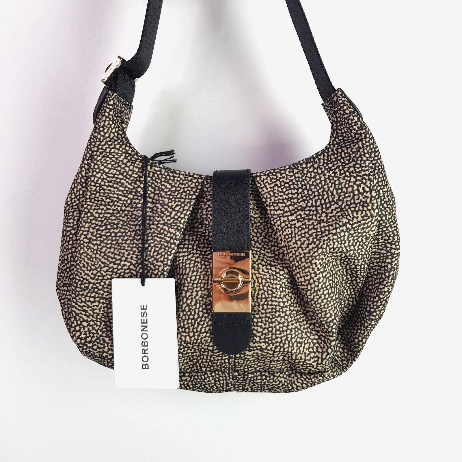 BNWT Borbonese Raccolta Carta X11 Small Hobo Handbag Black Beige Dust Cover