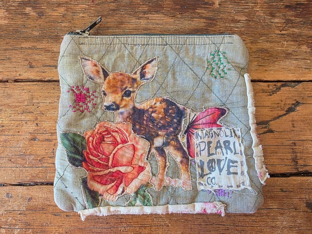 Magnolia Pearl Quilted Deer Pouch Floral Small Clutch | Zipper Closure