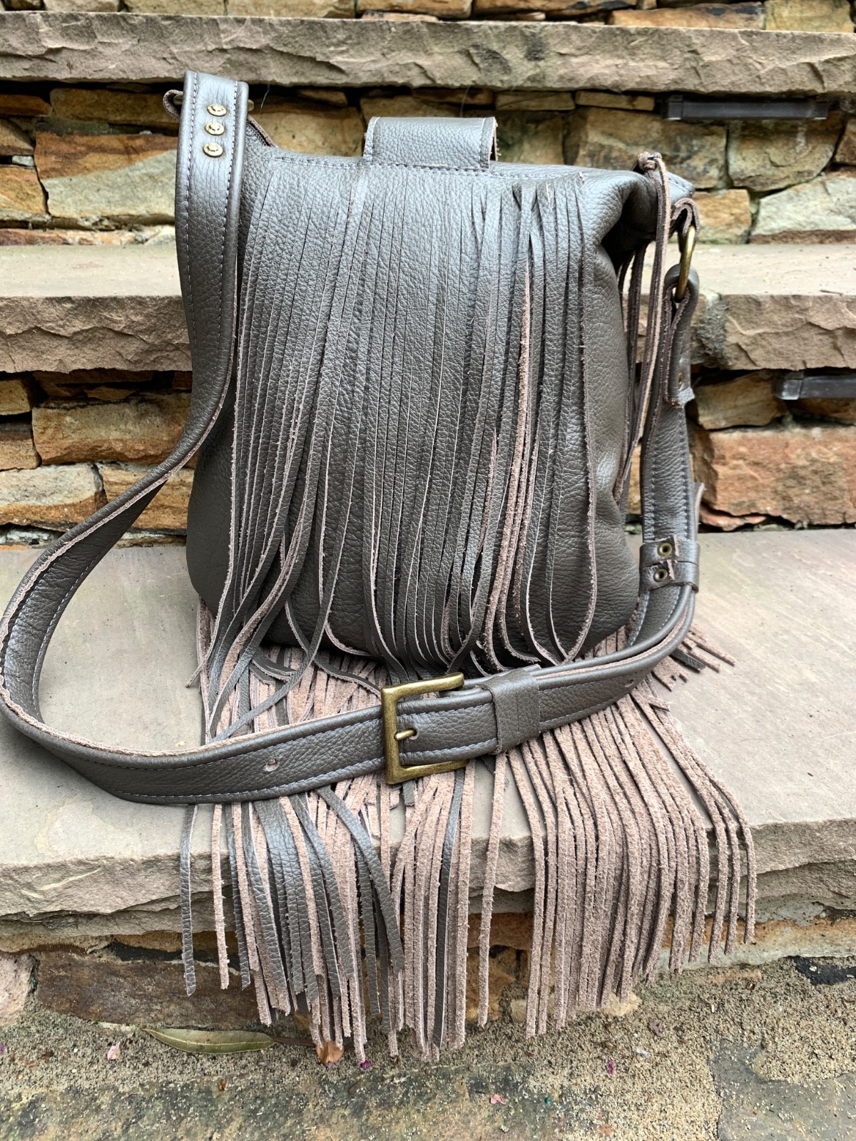 Taupe pebble leather boho Southwest festival LONG fringe crossbody bag