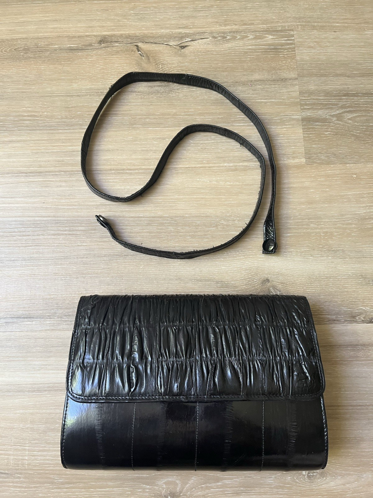 Black Eel Skin Purse Clutch Crossbody Bag-Detachable Shoulder Strap 9 Inch