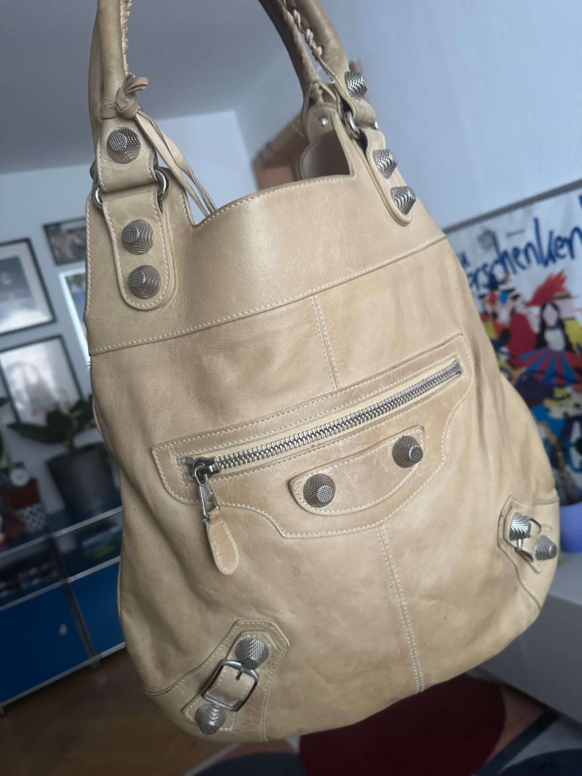 Balenciaga CHUNKY SILVER Beige CITY Hobo Foldover Shoulder Bag HTF STYLE