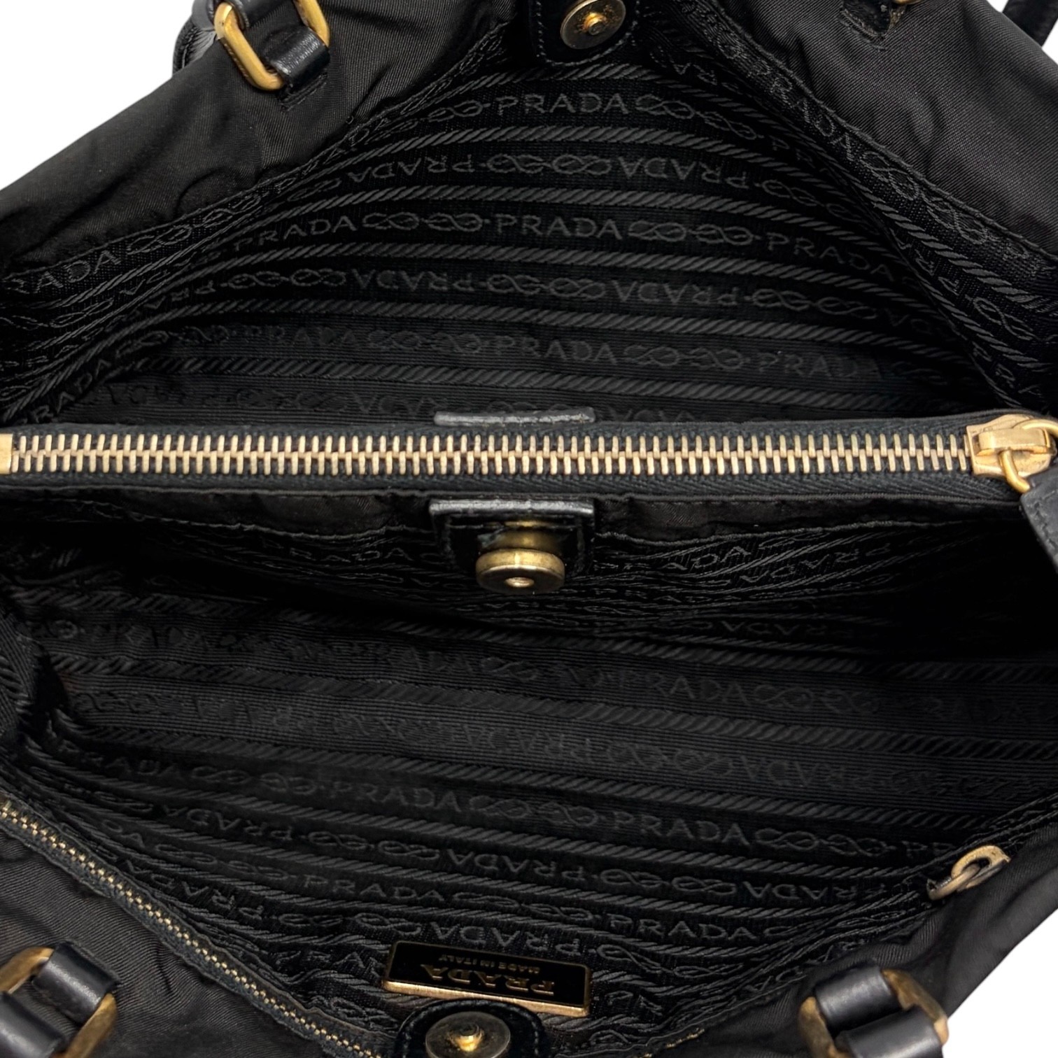 PRADA Vintage Triangle Logo Tessuto Tote Shoulder Bag Black Gold Nylon 902298