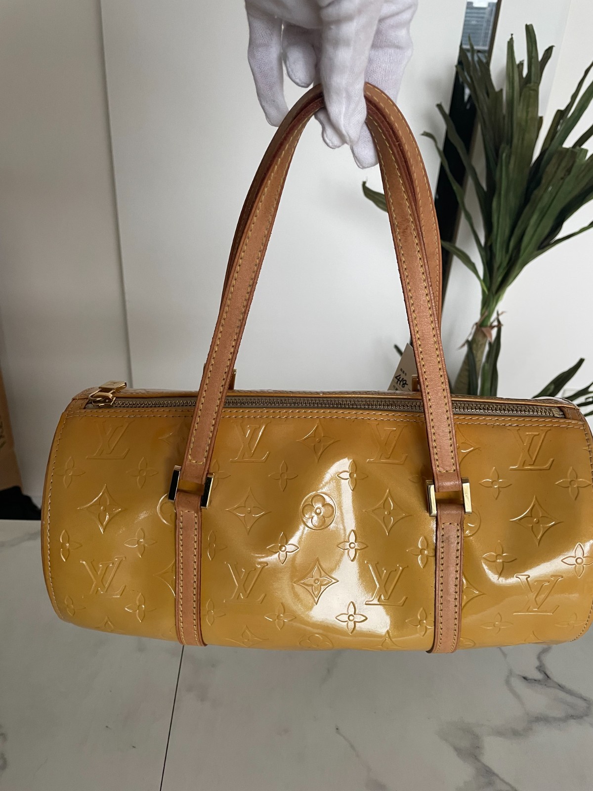 LOUIS VUITTON Bedford Monogram Vernis Yellow Patent Leather Handbag M91006 0717