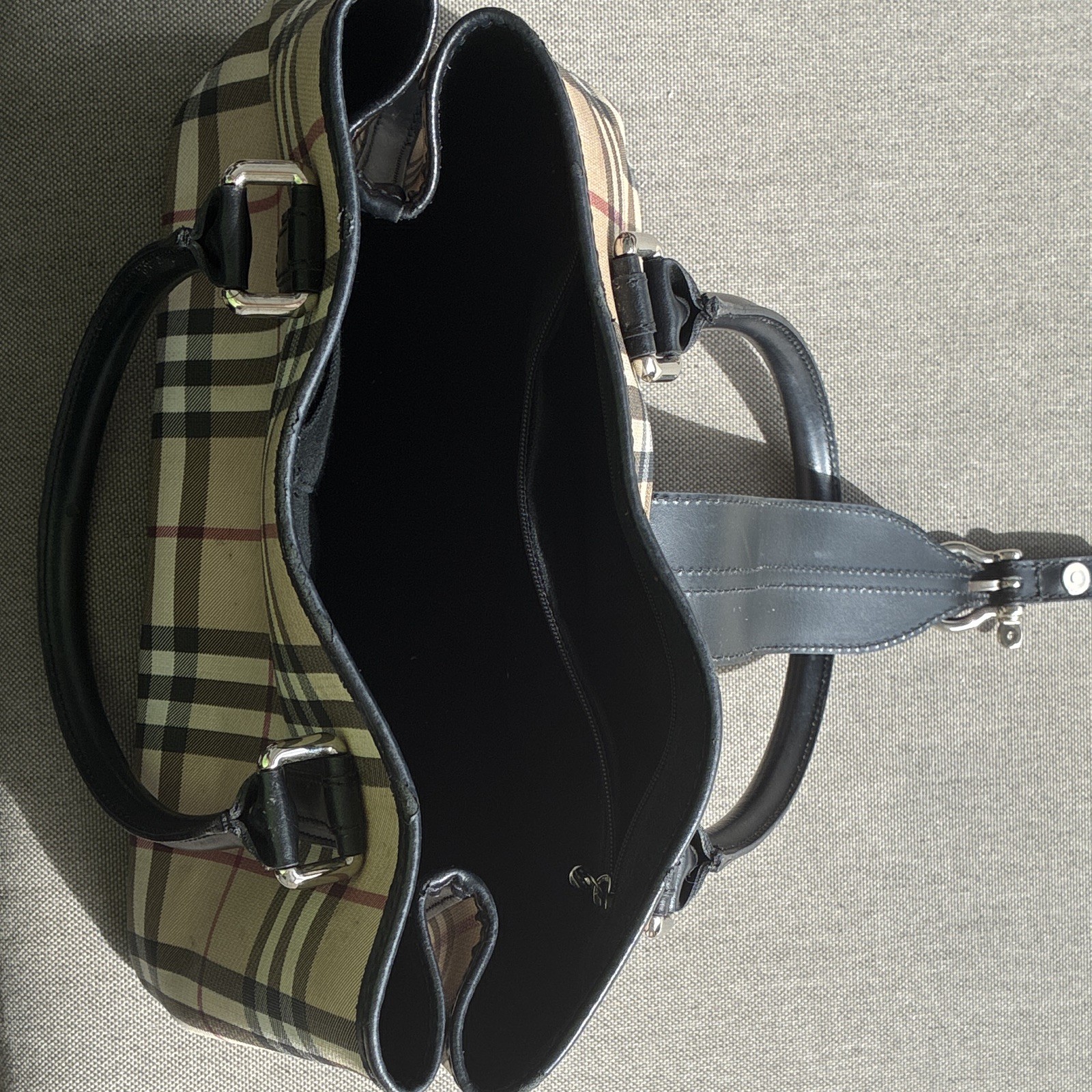 Burberry Beige Check Top Handle Satchel Medium Zip Closure Inner Pockets