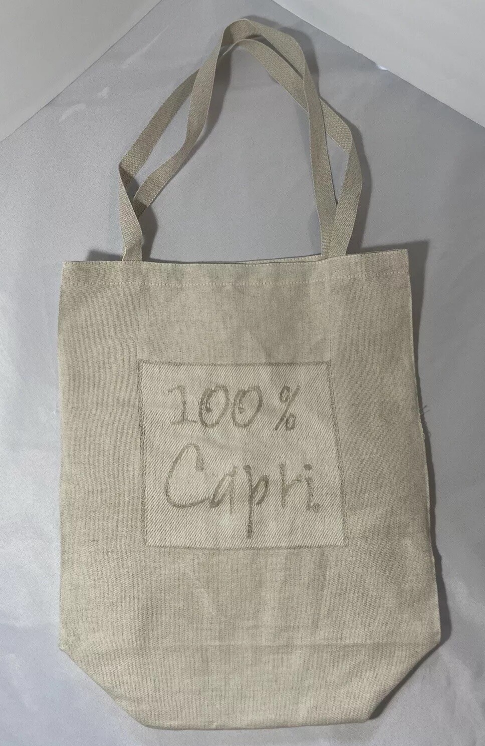 100% Capri Tote Beige Linen Fabric Bag 14.5x13x5x5.75” Excellent Condition