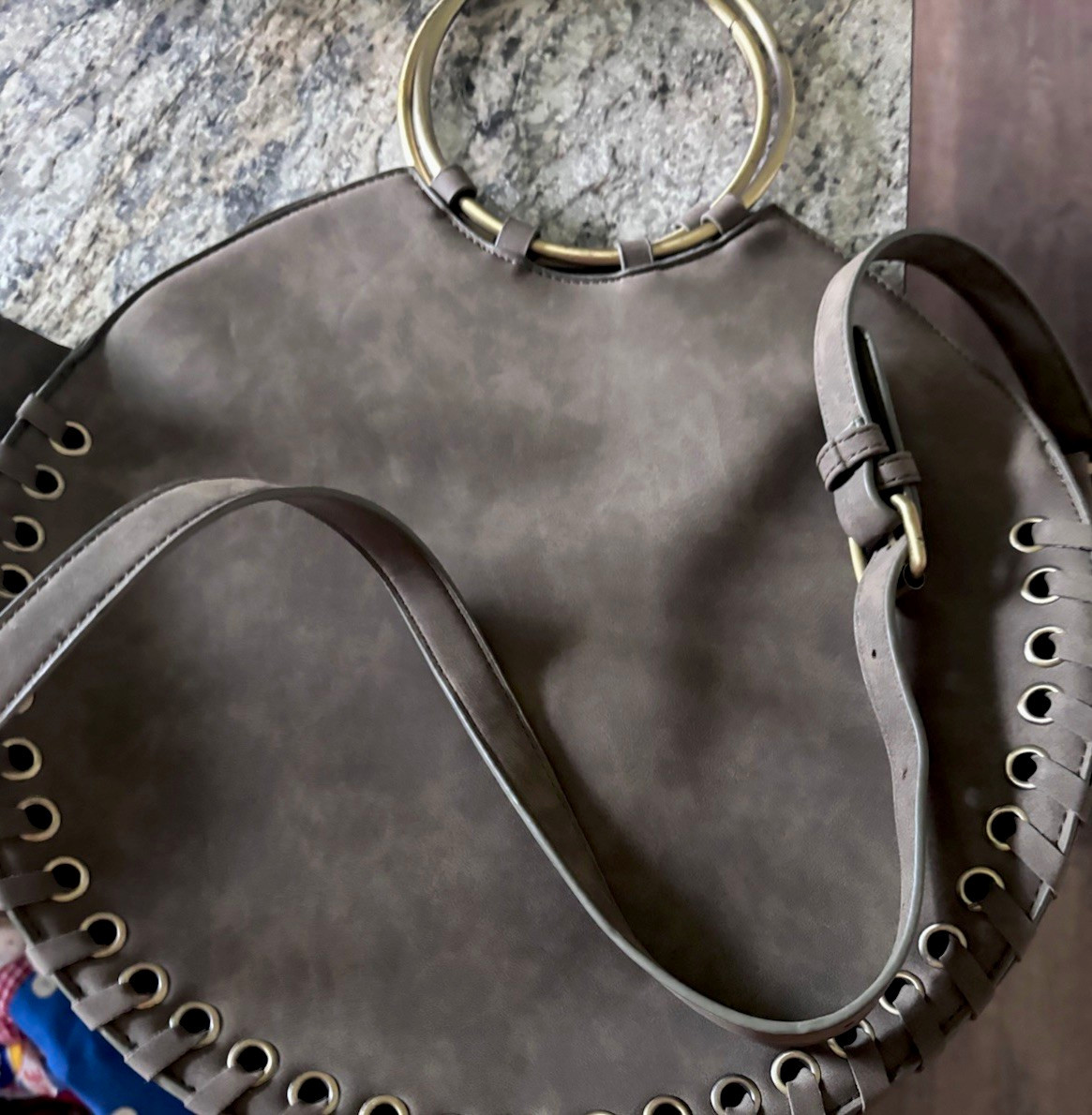 Anthropologie Gray Round Shoulder Bag Grommet Ring Handle Zip Adjustable Strap
