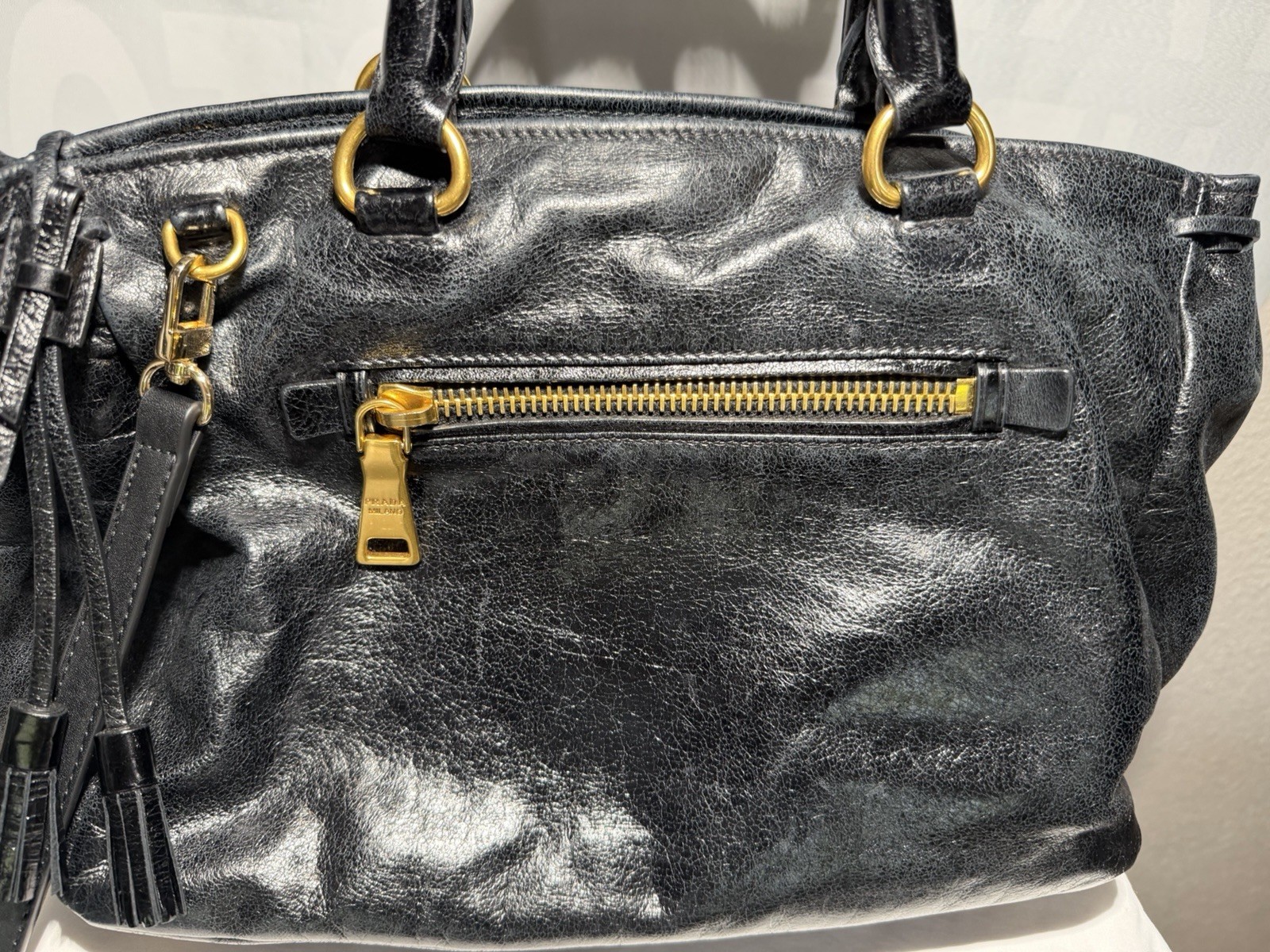 Prada 2way Vitello Shine Leather Handbag with Gold Tone Hardware