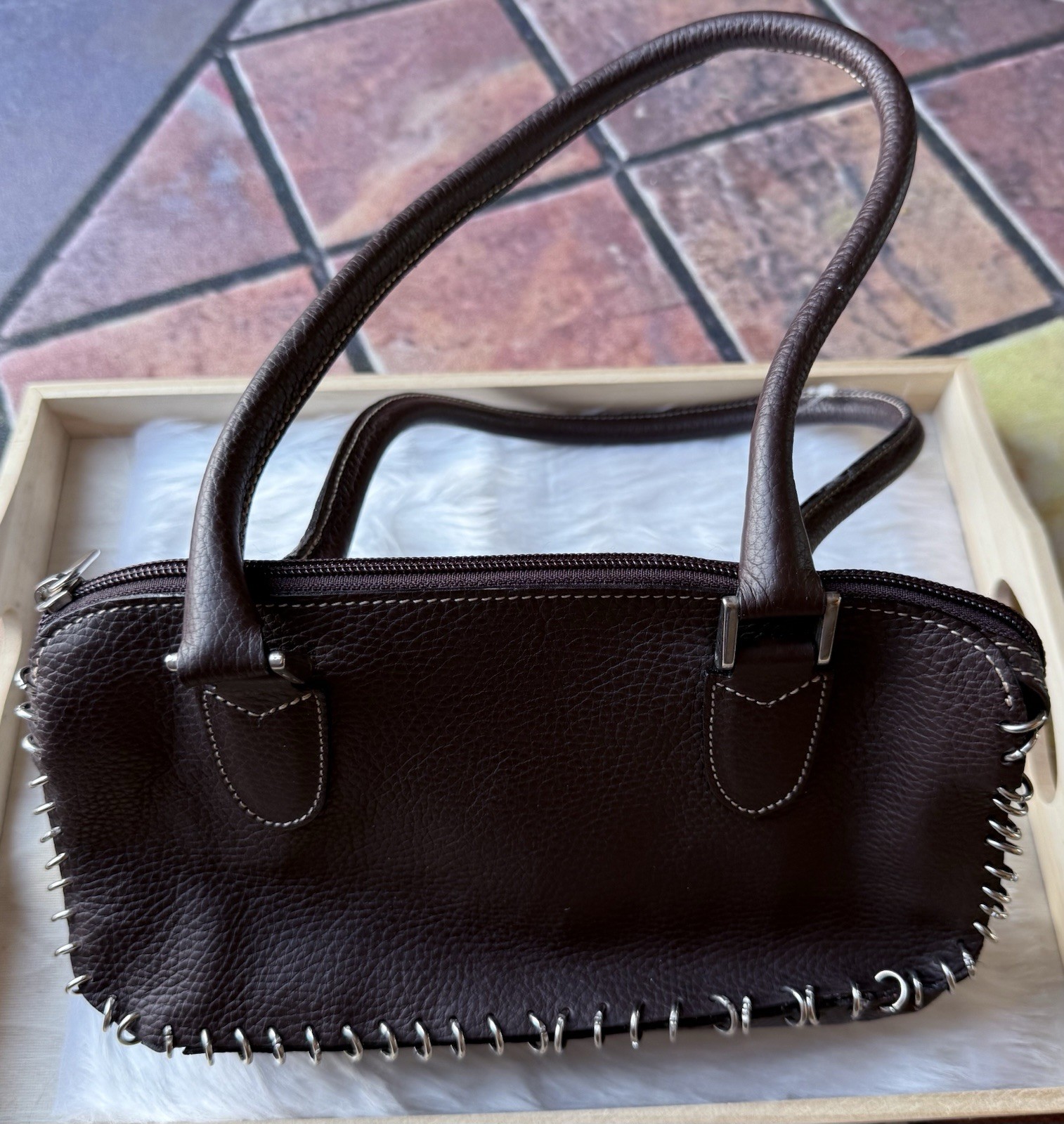 NWT Castellari Italy Brown Pebbled Leather Handbag
