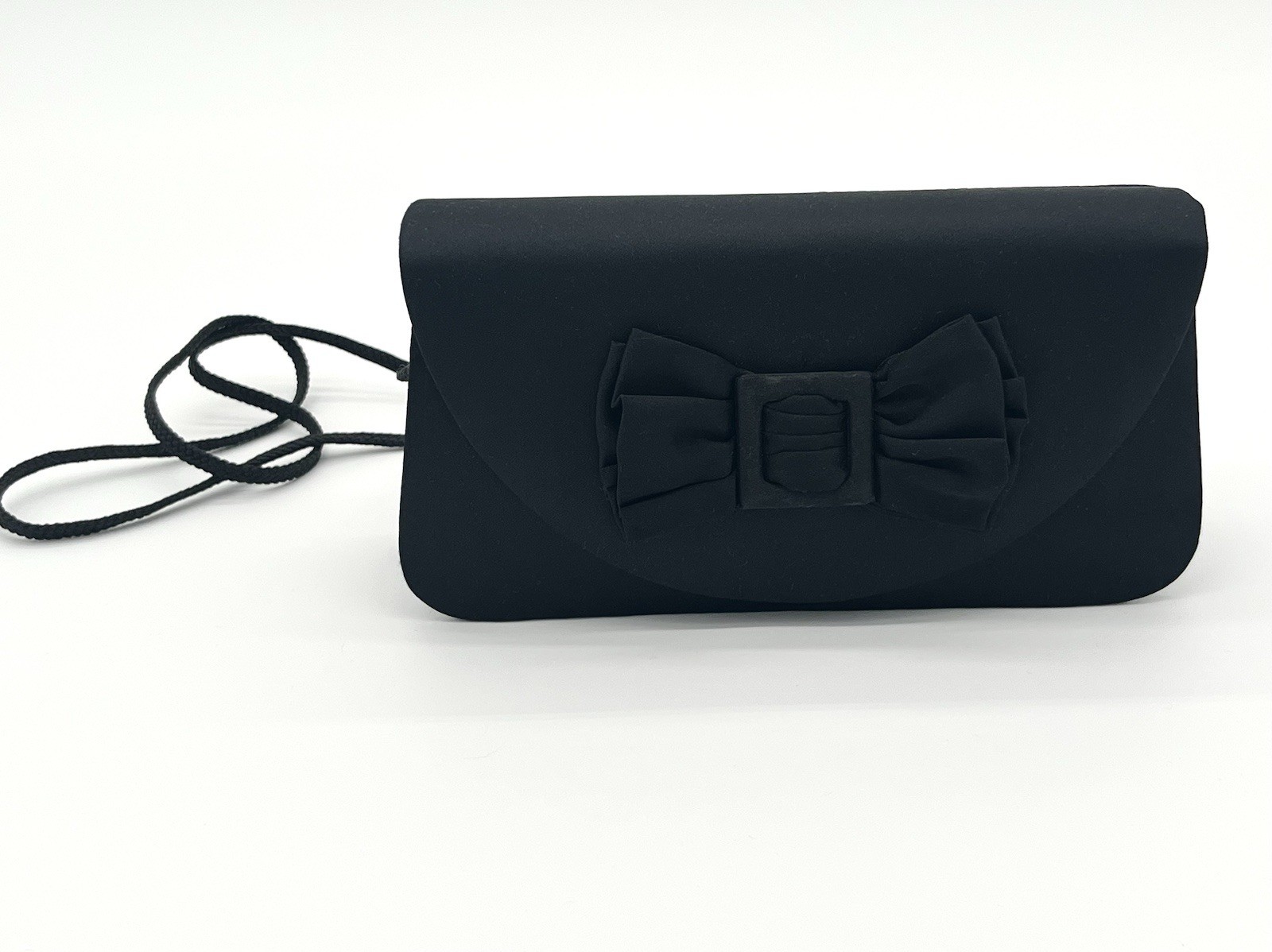 Black Satin Bow Clutch Handbag Cord Crossbody Strap Snap Closure Party Formal