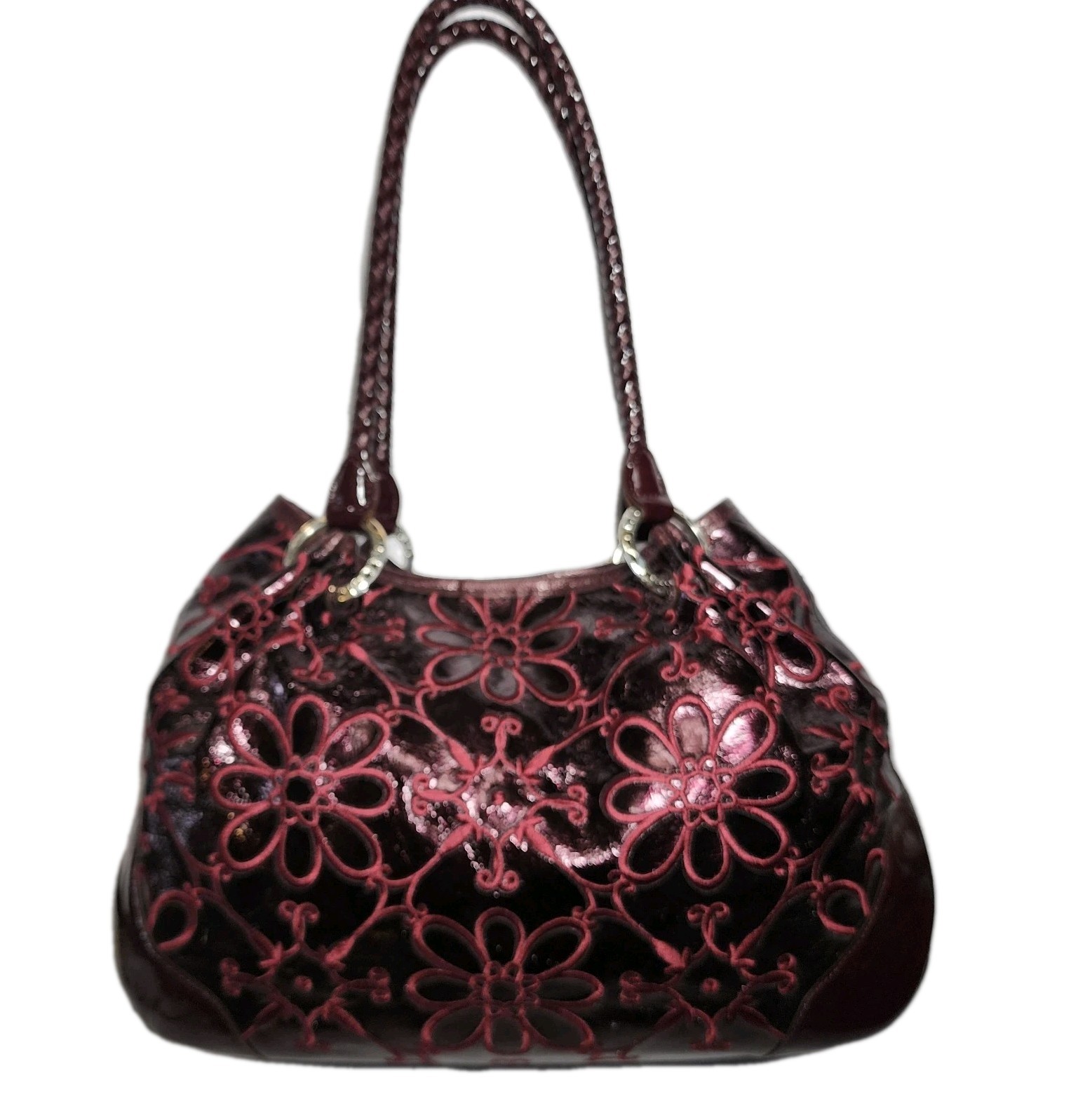 BRIGHTON VALENCIA BLACK CHERRY FLORAL EMBROIDERED TASSELED HANDBAG SHOULDER BAG