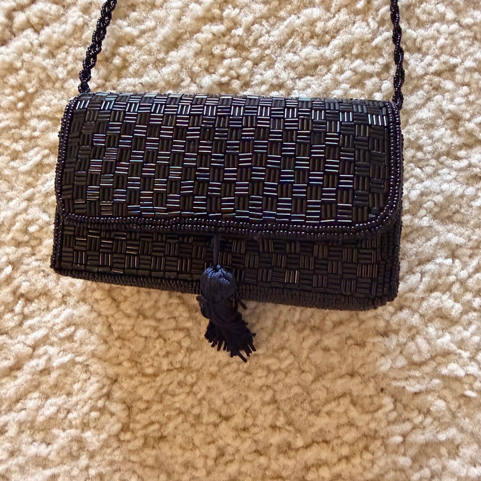 Handmade Vintage Black Beaded Tassel Crossbody Evening Bag Basketweave Clutch