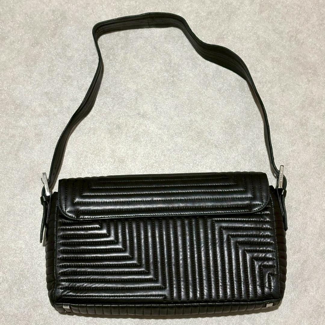 BALLY Shoulder Bag Quilted Geometric Stitch Black Vintage From Japan