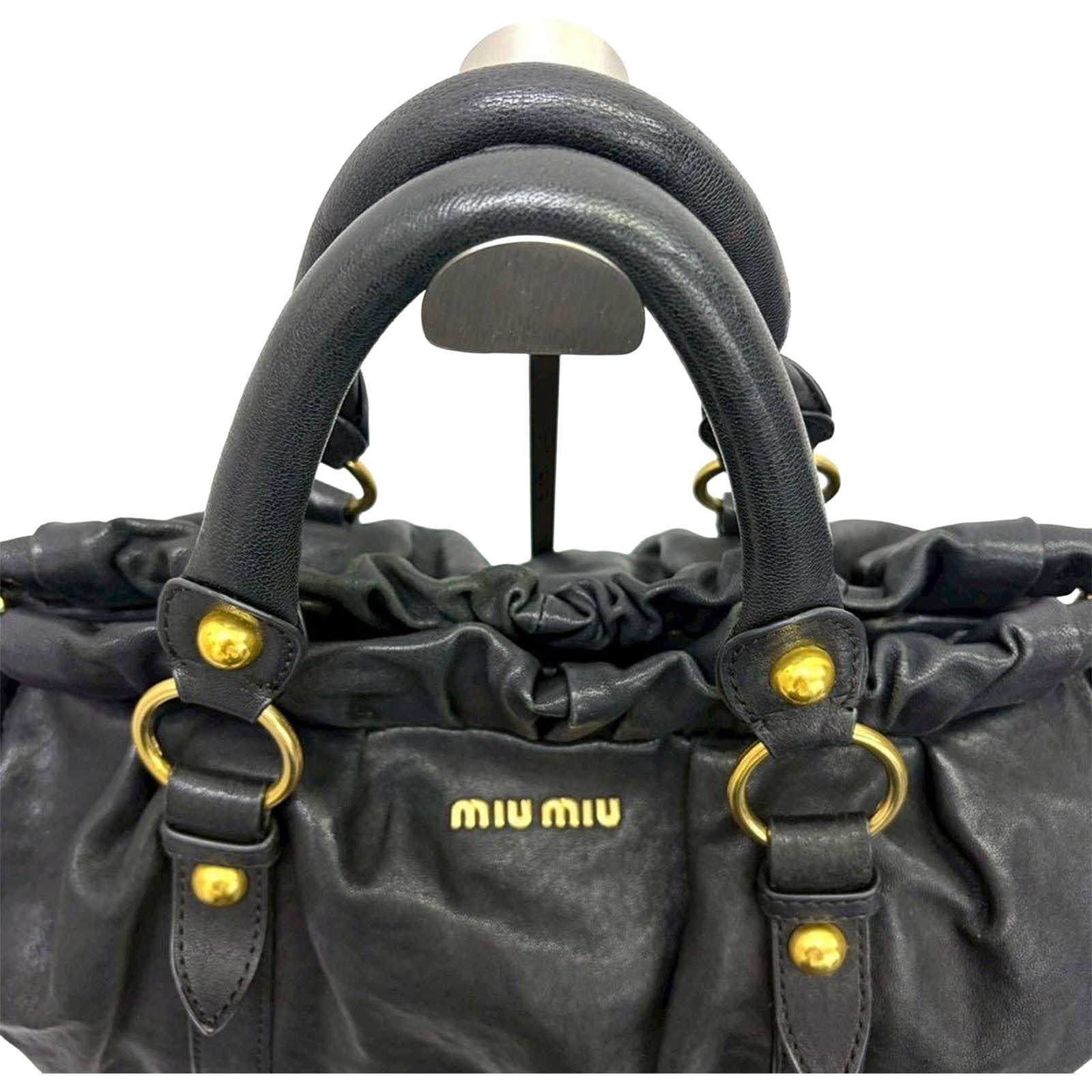 Miu Miu Vitello Lux Leather Gathered Bow Handbag Black Gold Hardware Auth Vtg