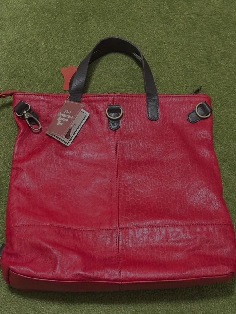 Red & Dark Brown Leather 5 in 1 Convertible Bag, Shoulder, Backpack, Crossbody