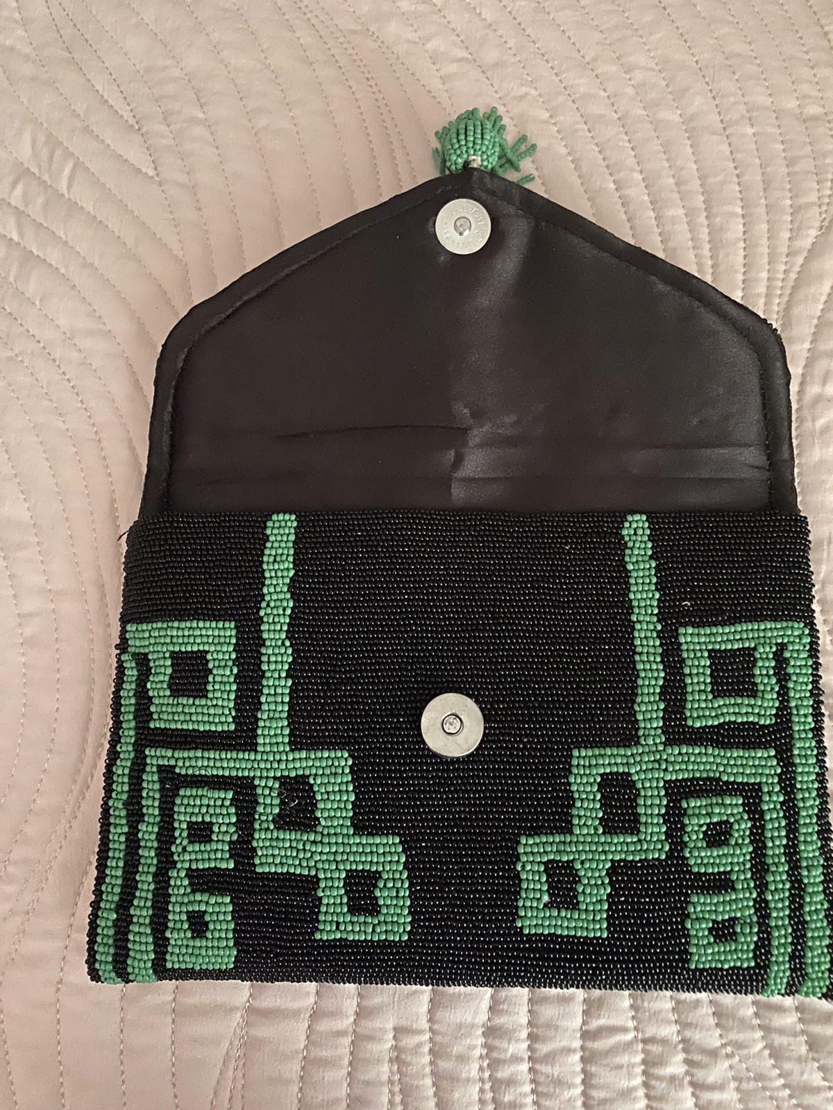 Vintage Hand Beaded Envelope Clutch Purse Black & Mint Green Geometric Tassel
