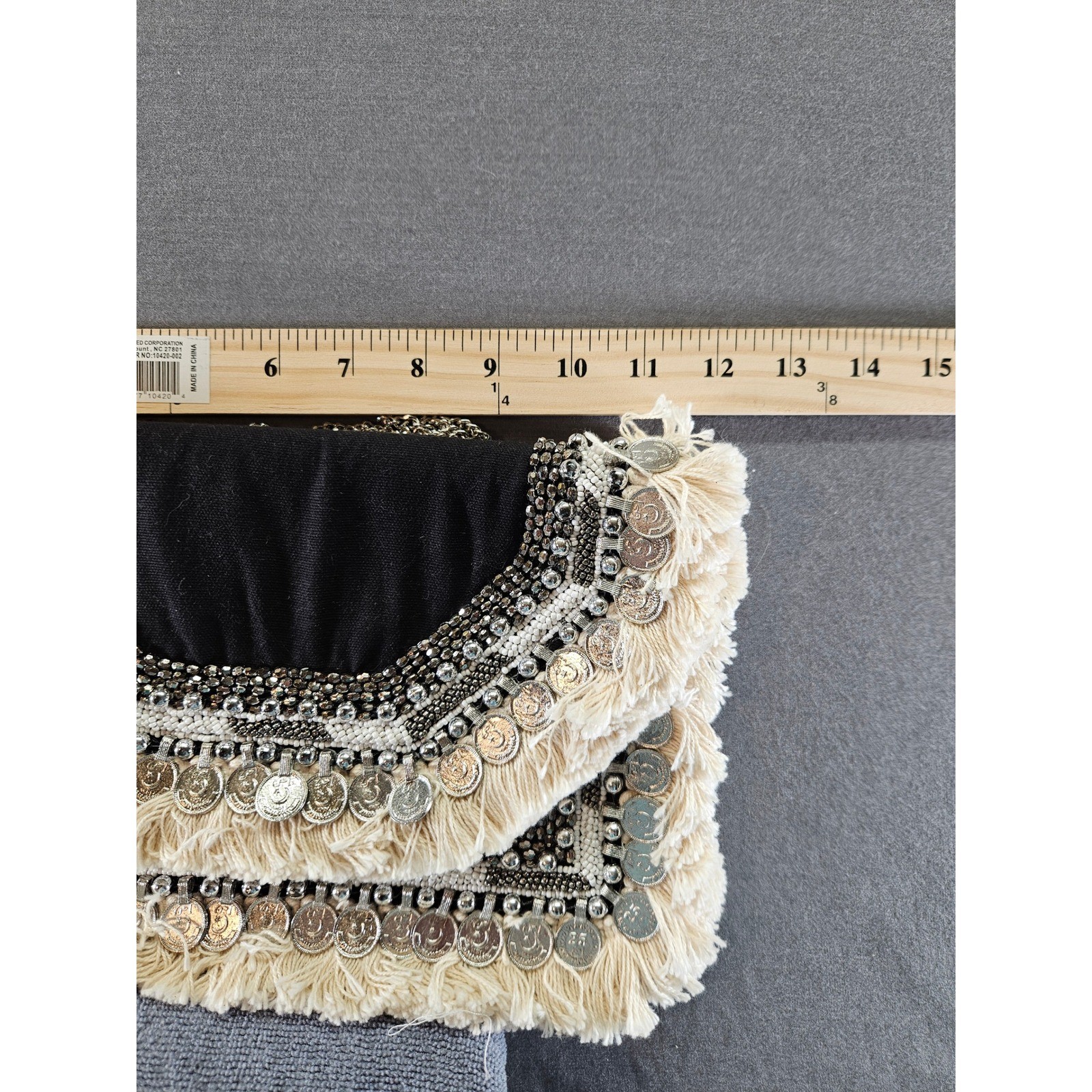 Lulus Black Boho Coin Fringe Beaded Crossbody Bag Silver Chain Strap (sku 138)