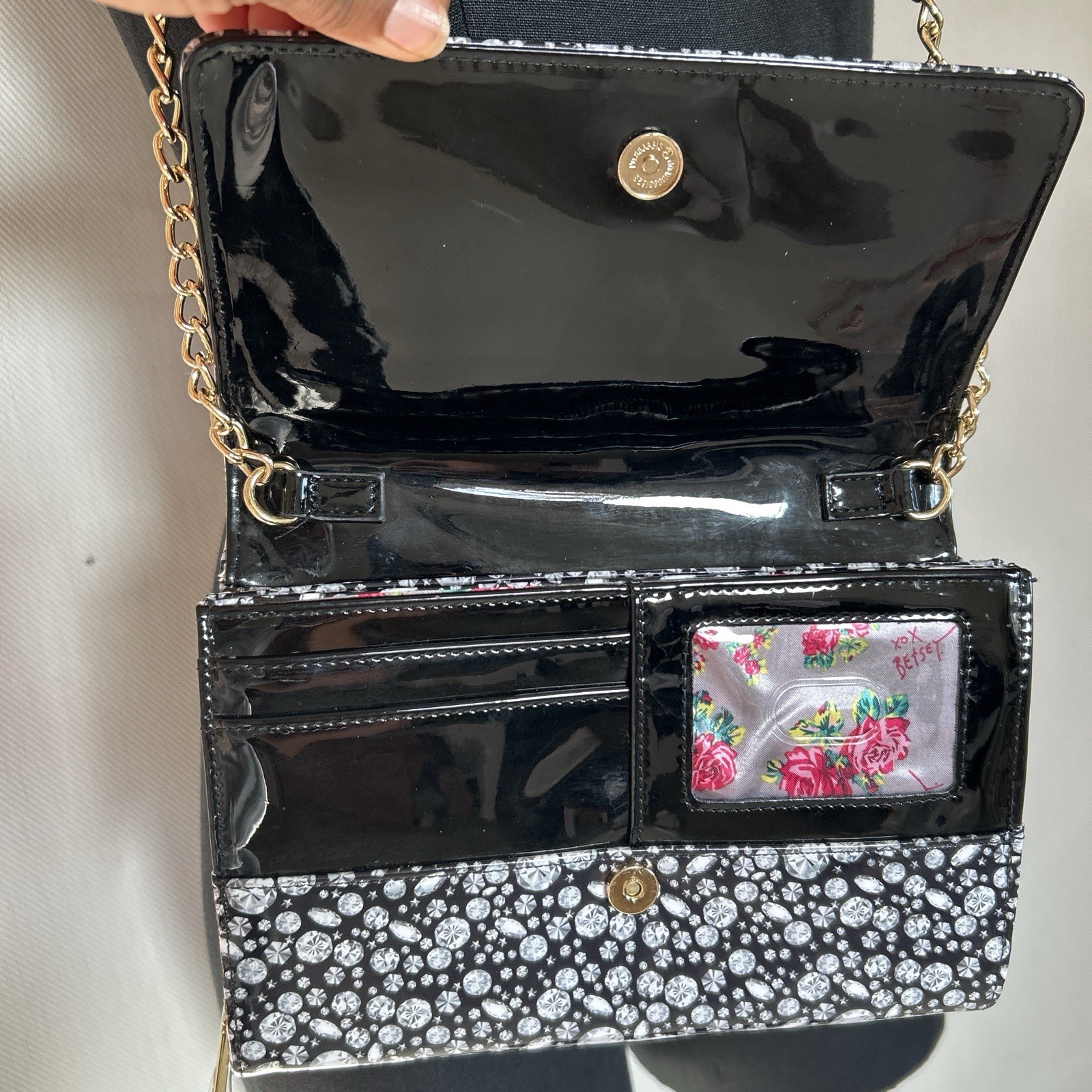 Betsey Johnson Black White Gemstone Print Shoulder Bag with Bow, Chain Strap, G…