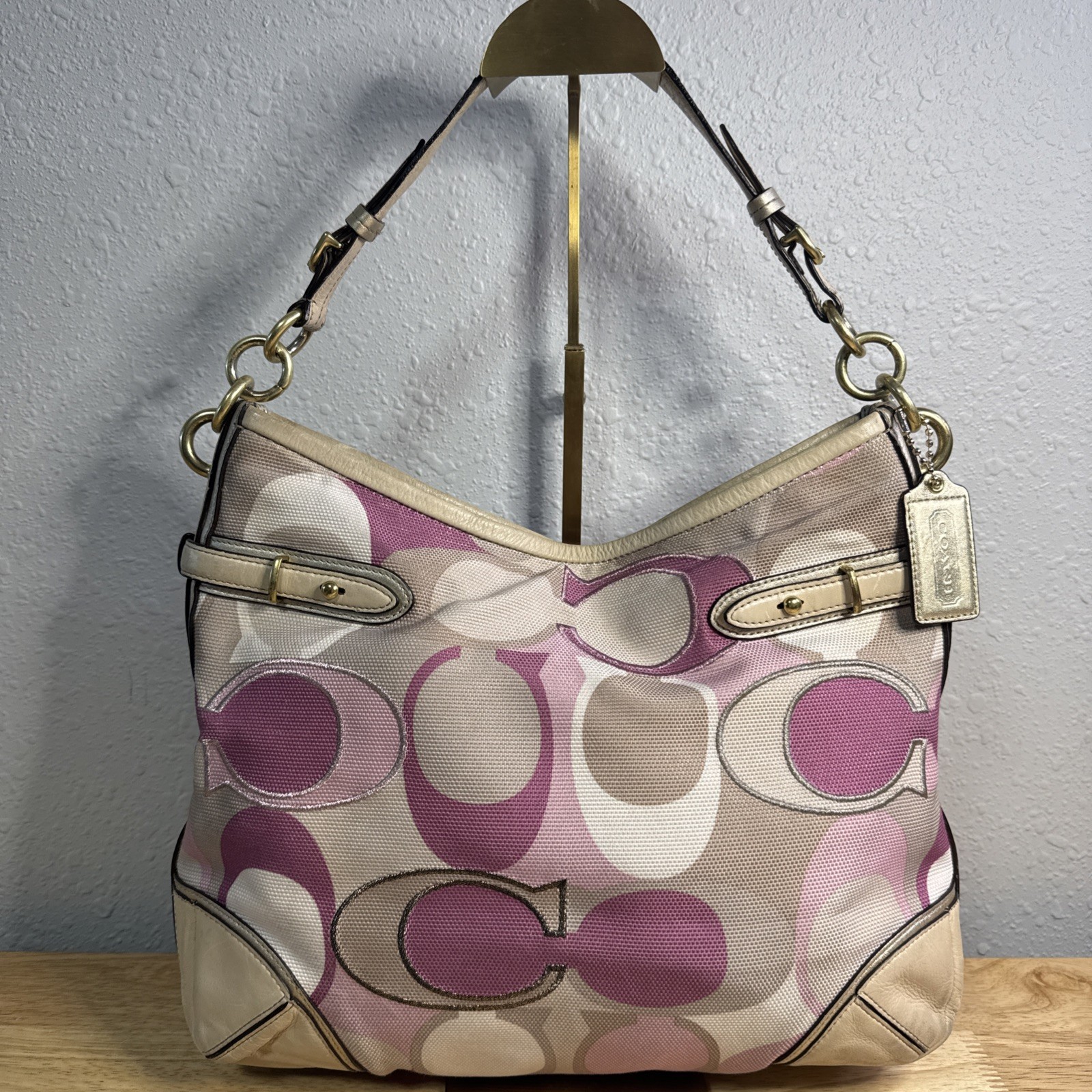 Coach Colette Pink Magenta Beige Cream Signature Jacquard Hobo Leather Trim