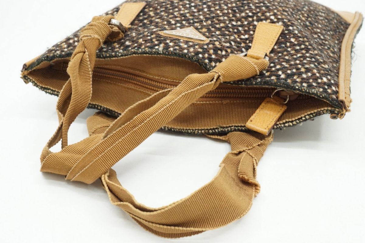PRADA Tweed Handbag Tote Triangle Logo Plate Slim Wool Leather Brown 6714h