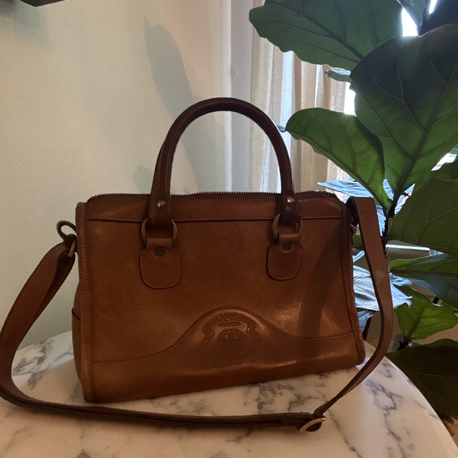 Vintage genuine Ghurka No 16 The Keeper tan leather satchel bag strap distressed