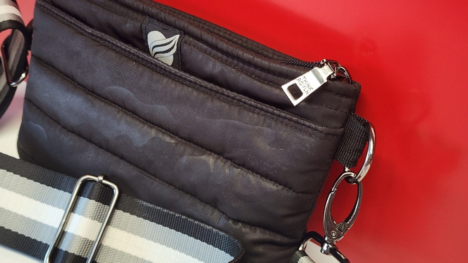 Think Royln Black Camo Puffer Crossbody Bag with Tricolor Strap