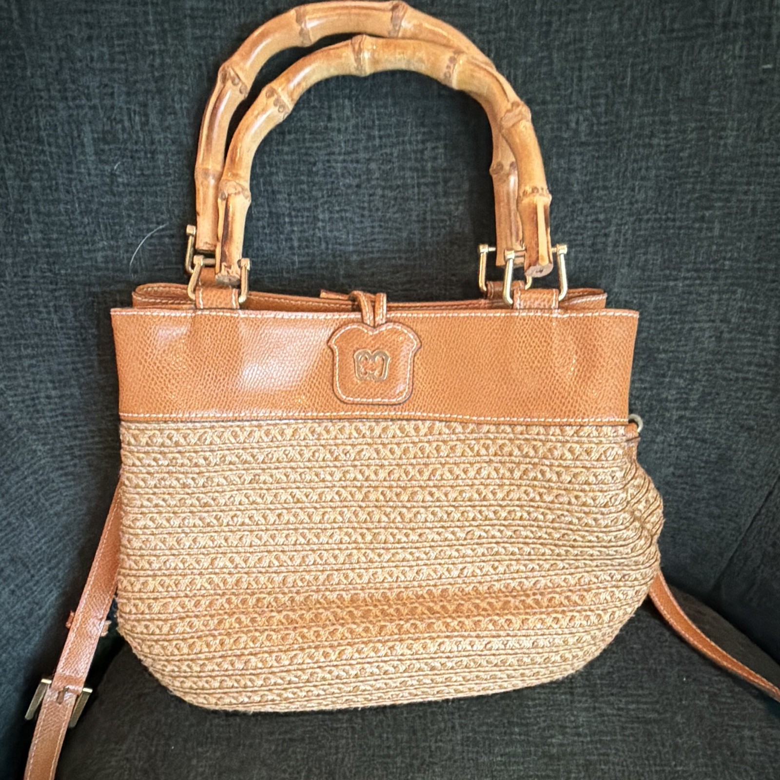 Eric Javits Tan Satchel Top Handle Bamboo Handles Snap Zip Gold Hardware Lined