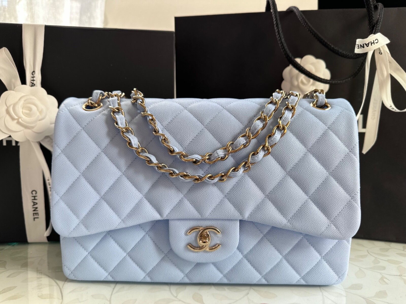 New CHANEL 23P Jumbo Classic Caviar Flap Bag Lt Periwinkle Blue Gold HWR Lmt Ed