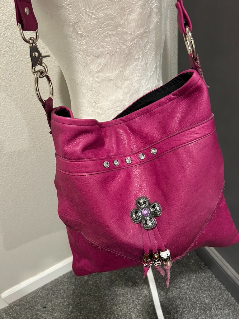 Fuschia Pink Leather Shoulder Handbag~Jeweled Tassels Handmade USA ~Becky Bag