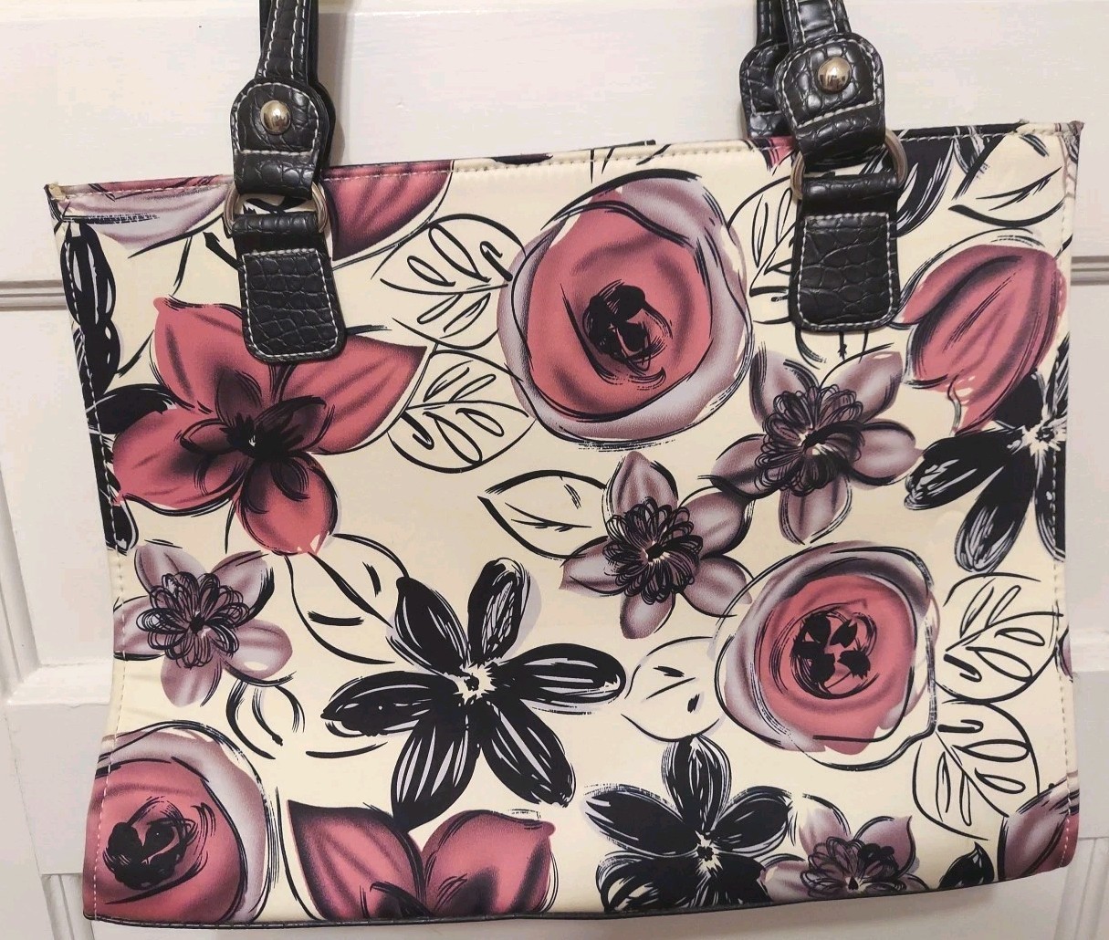 Wilson Leather Ivory, Black, Purple, Floral Print Large Tote Bag Double Handles