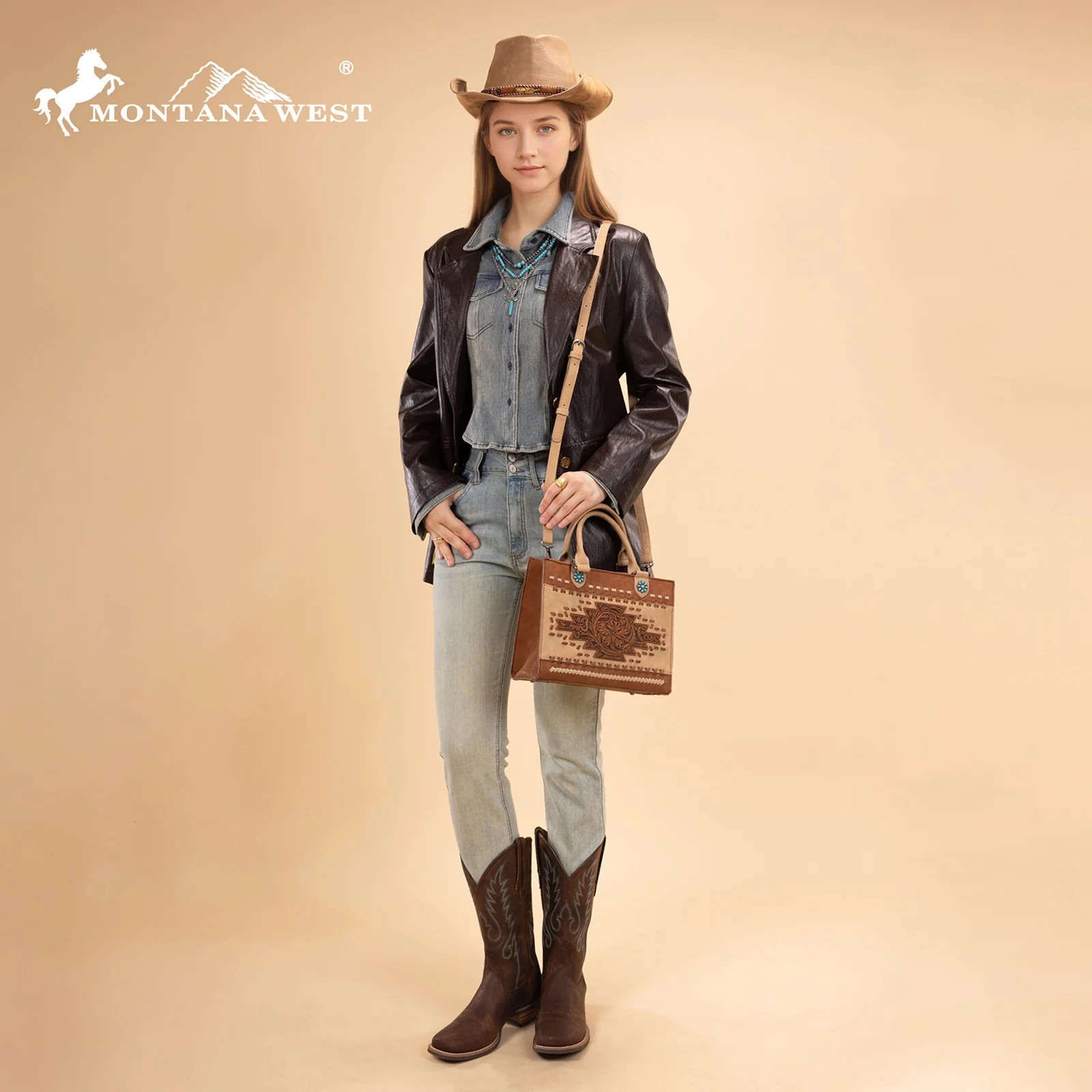 Montana West Western Tooled Aztec Tote/ Crossbody