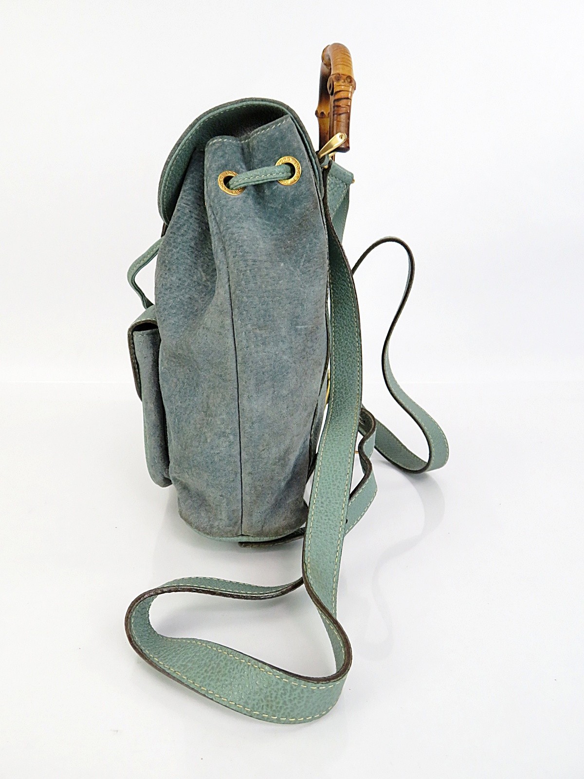 Authentic GUCCI Blue Suede Leather and Bamboo Handle Mini Backpack Bag #64557