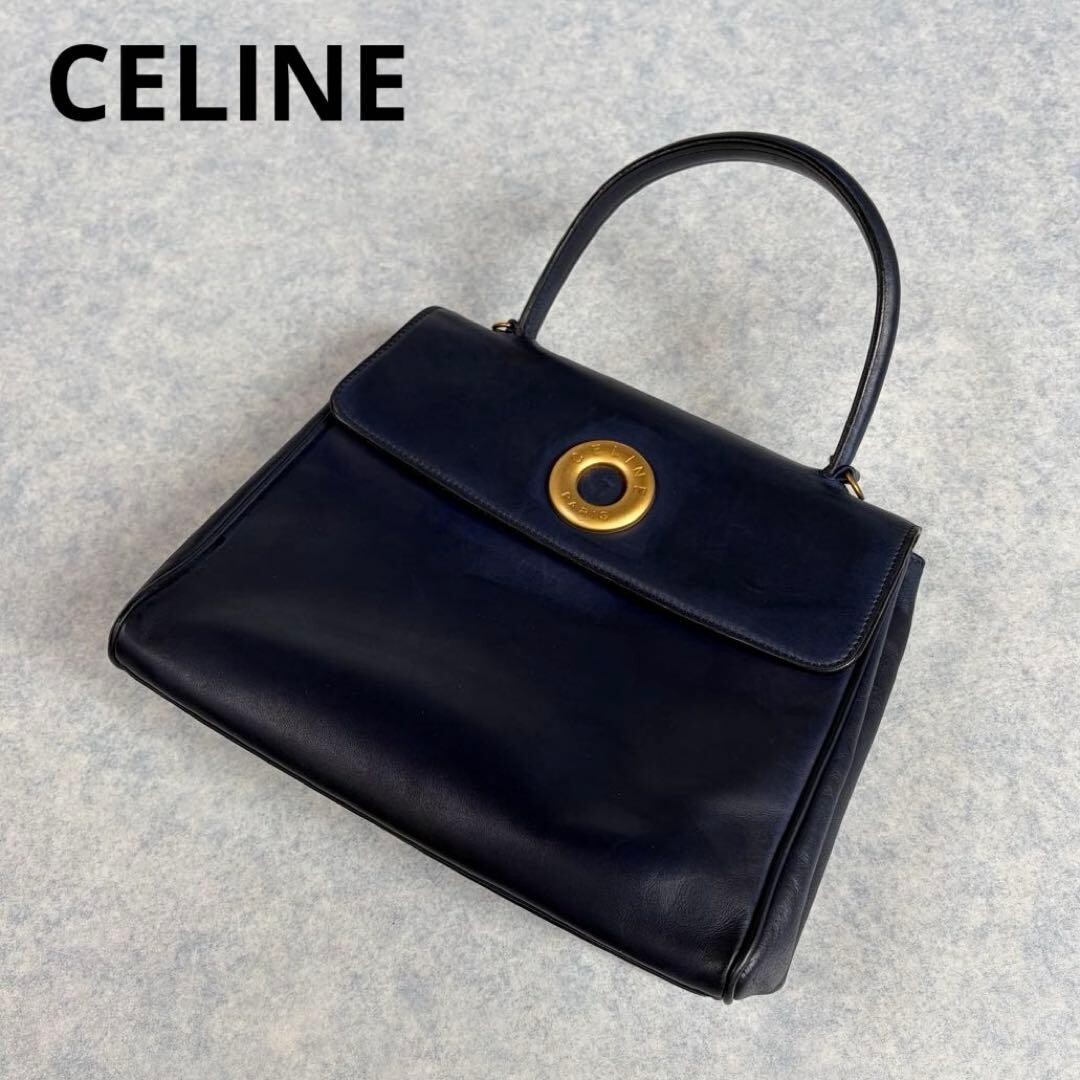 CELINE Navy Leather Top Handle Handbag Gold Circle Logo Y2K Self Standing 73