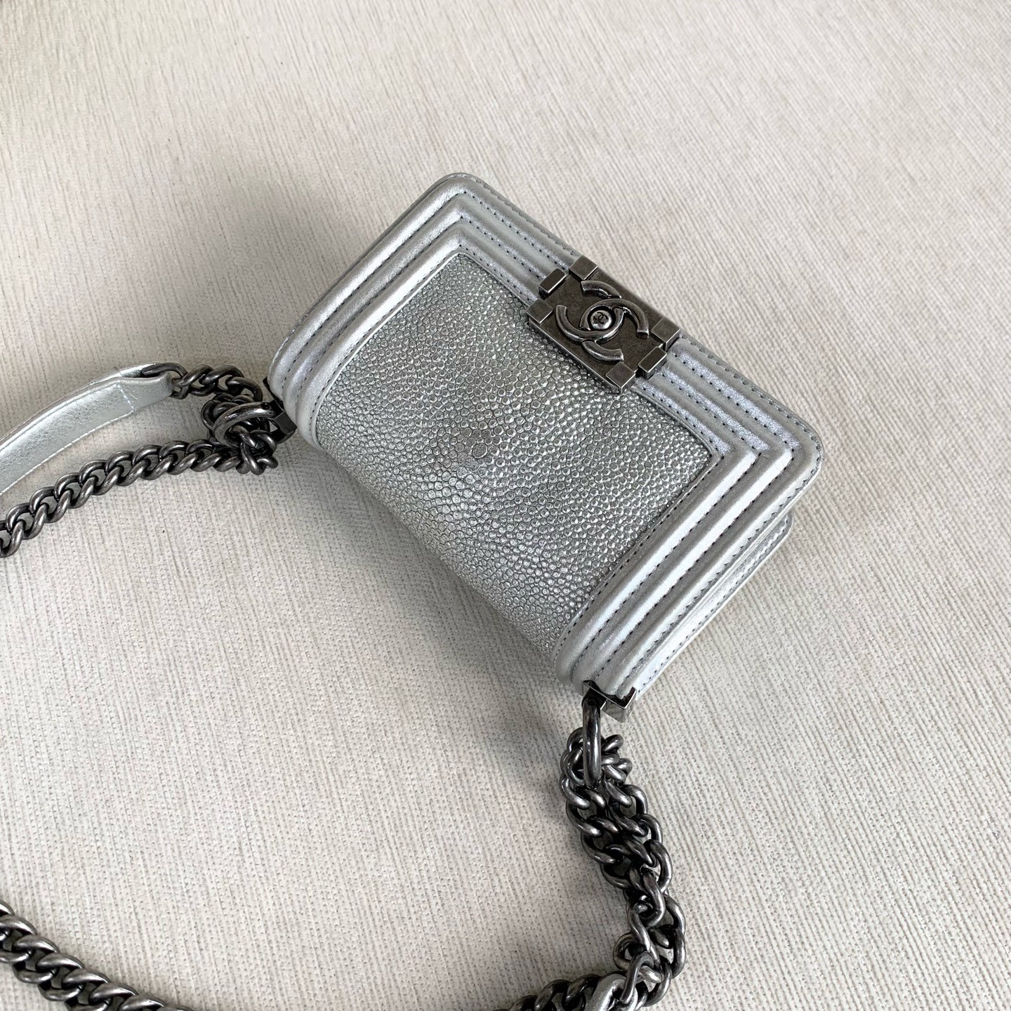 Chanel Silver Textured Le Boy Wallet on Chain (WOC) with Ruthenium Hardware