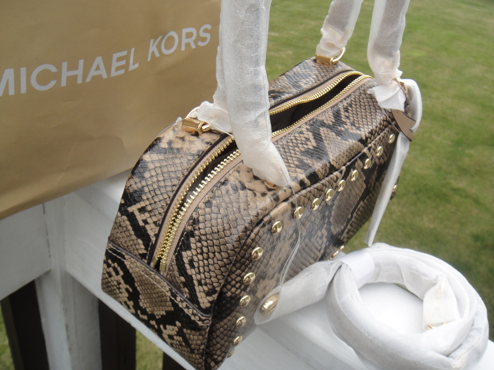 Michael Kors Lady Cecily Small Studded Snake Embossed Shoulder Bag Light Cream