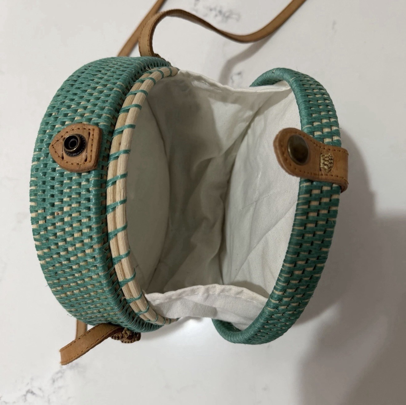 Round Rattan Straw Crossbody Teal Green Woven Wicker Circle Purse Boho Summer