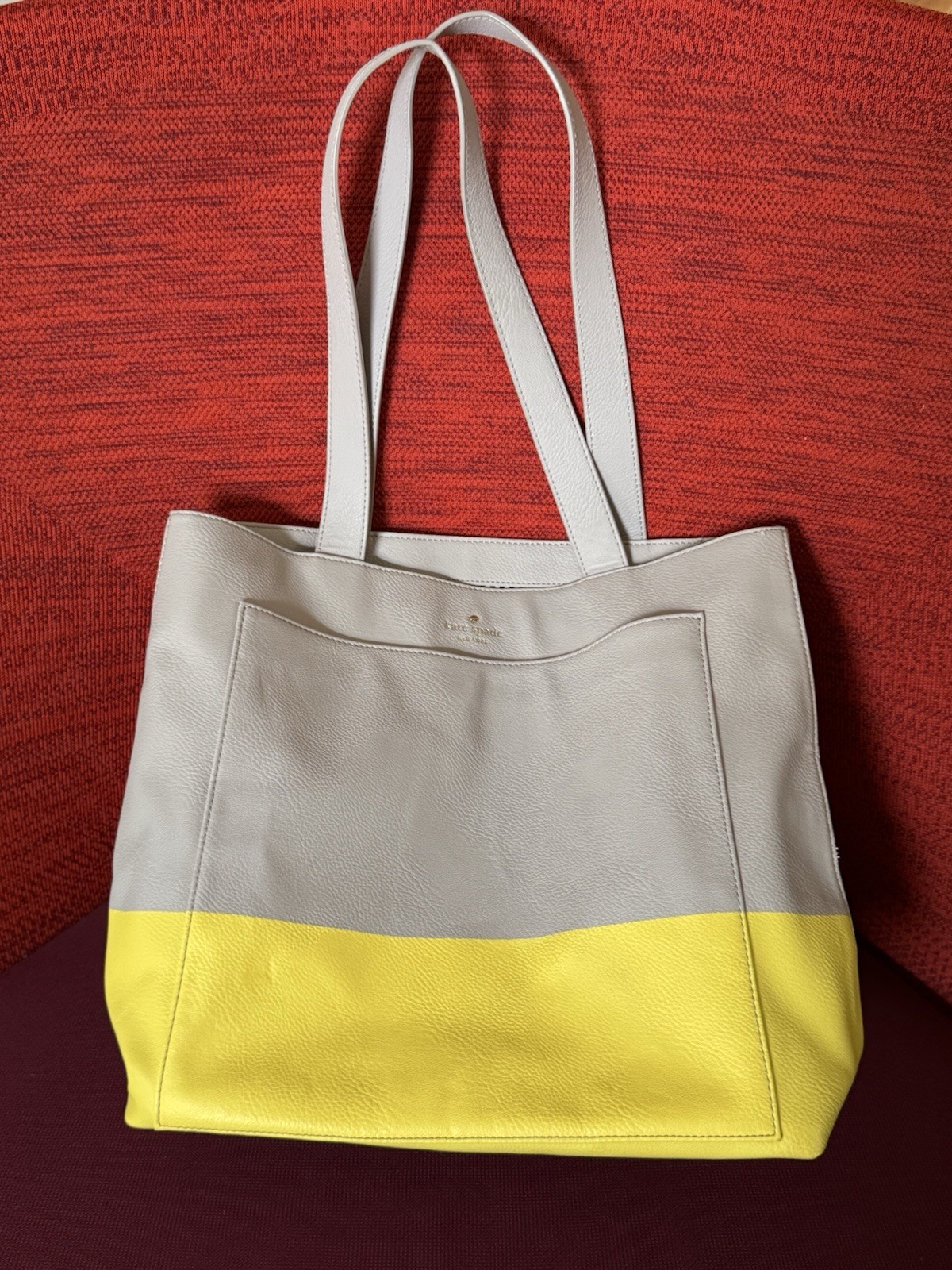 kate spade gray and yellow faux leather lita street open tote bag – good cond.
