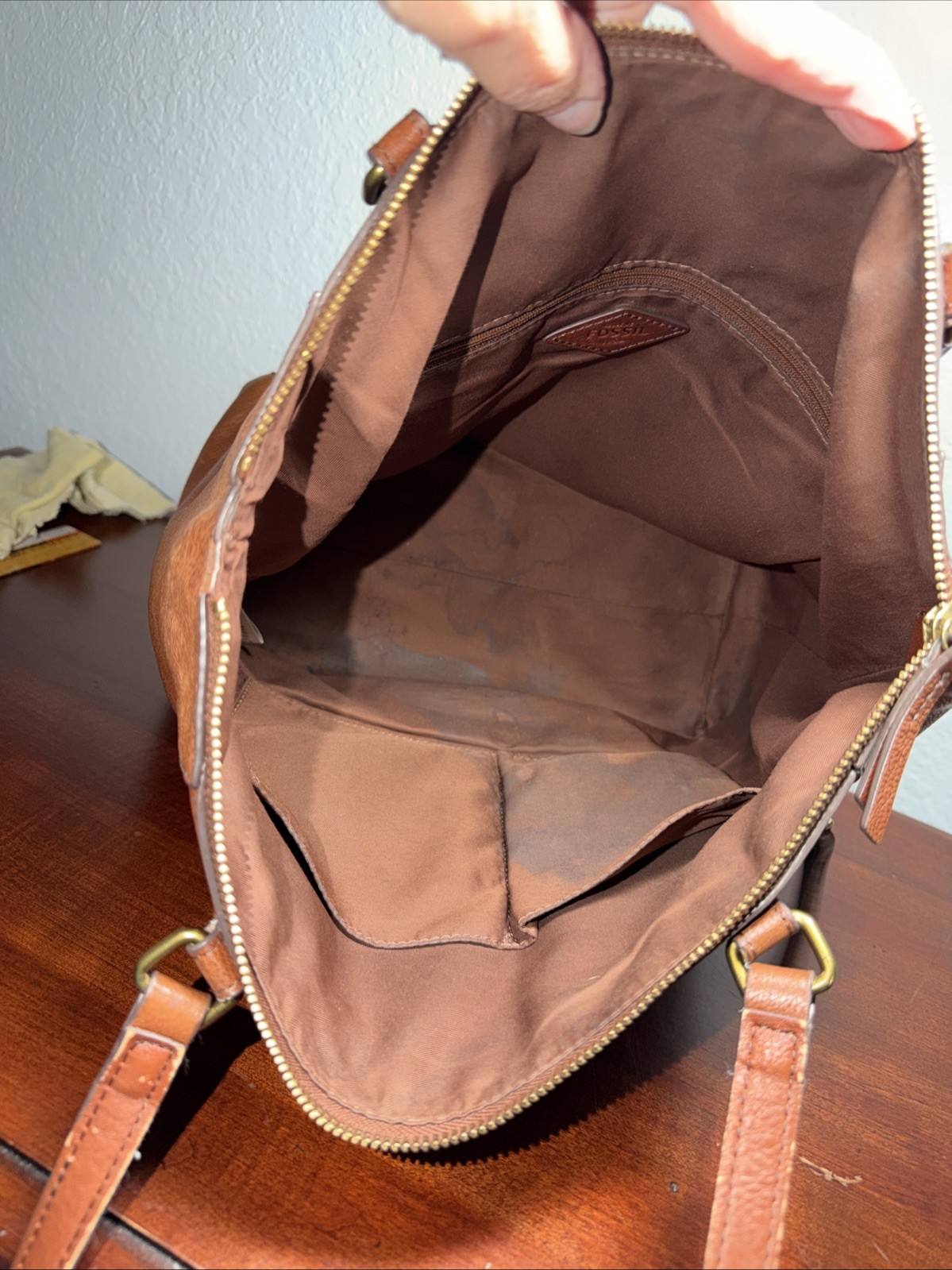 Fossil Tara Leather Shopper Tote Handbag Cognac 12x11x6” (R)