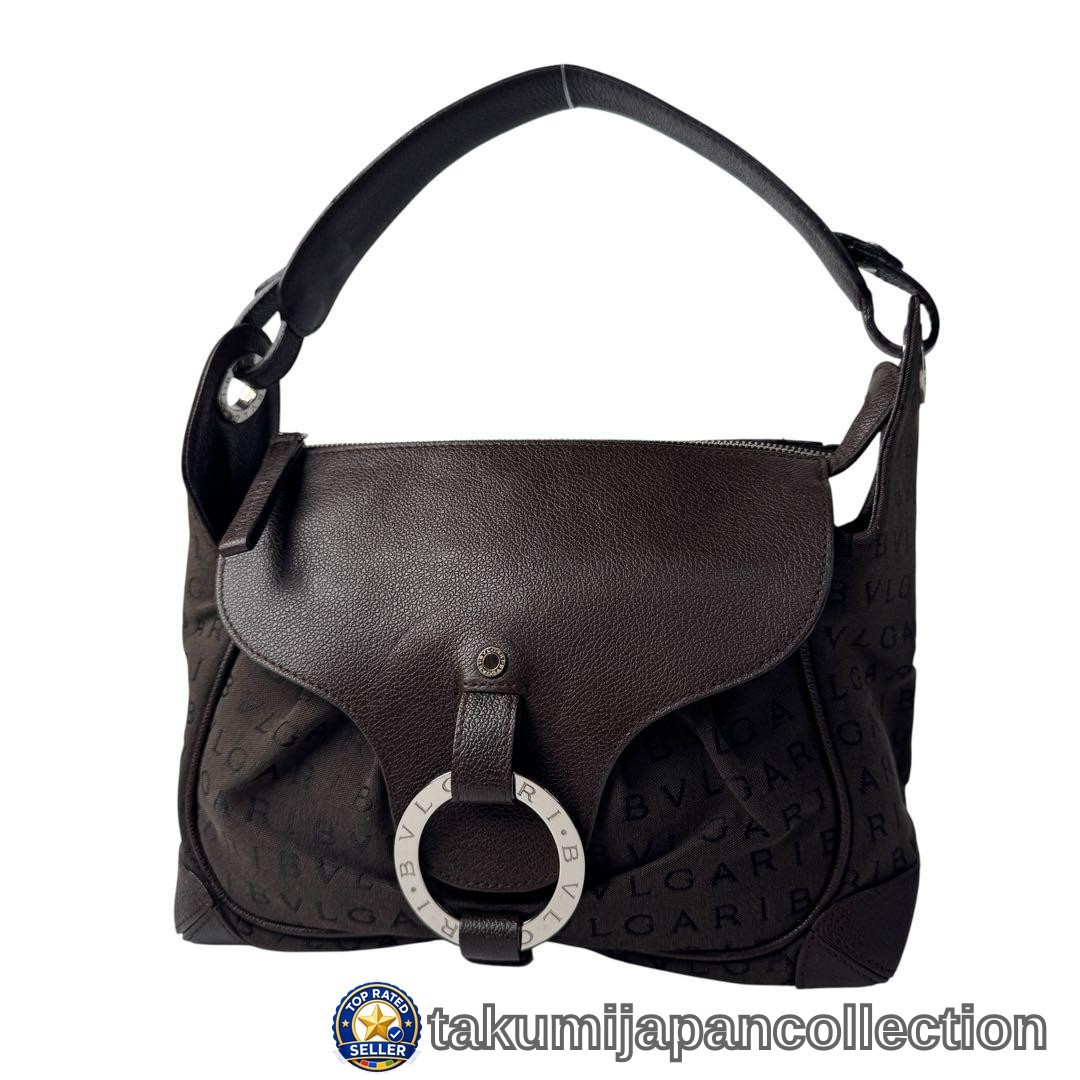BVLGARI Logomania Canvas Leather One Shoulder Bag Brown #M-250