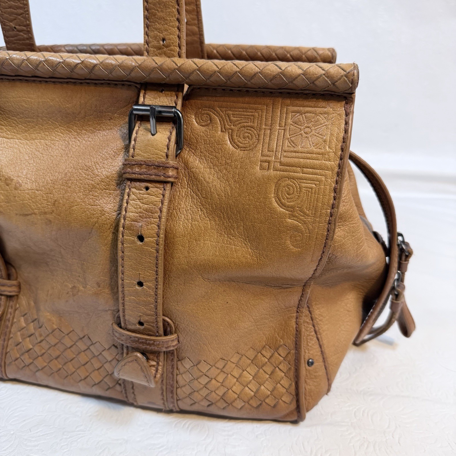 READ Vintage Isabella Fiore Brown Leather Satchel Shoulder Bag Embossed Design