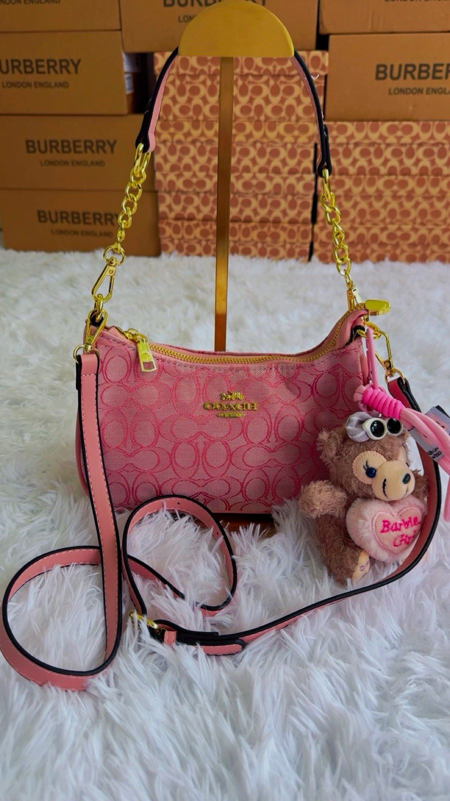 Coach Pink Signature Logo Crossbody Bag Gold Hardware, Detachable Strap & Charm
