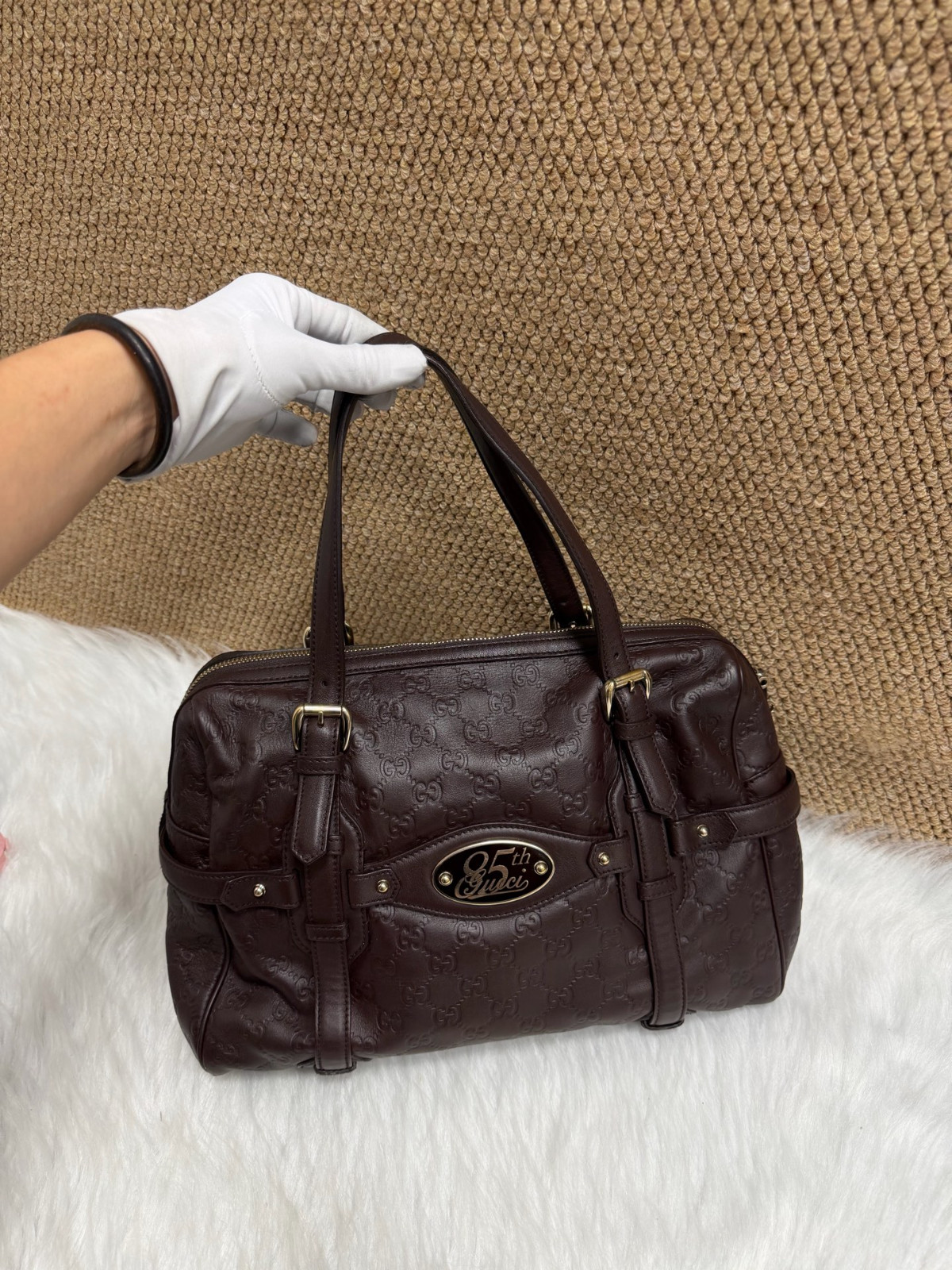 Authentic Gucci 85th Anniversary Boston Bag Embossed Leather Boston Bag Dark