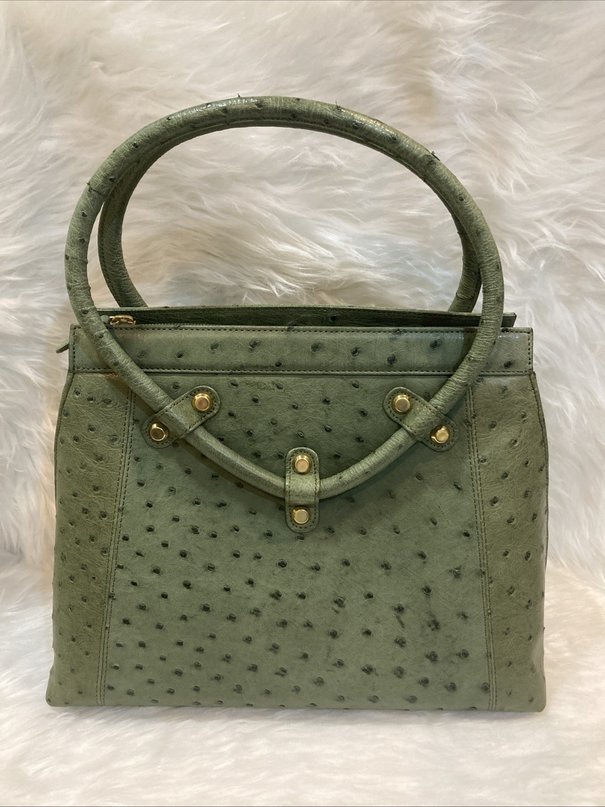 Ostrich Leather Handbag Green Color Elegant Top Handle Bag Approx. 30cm