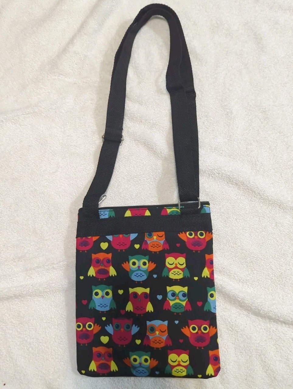 New Owl Print Crossbody Bag Multi Zip Canvas Shoulder Purse Travel Pouche Black