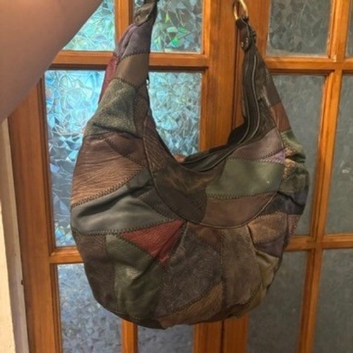 Vtg 90s Large Hobo Bag Multi-Color Patchwork Leather Suede Boho Shoulder Slouchy