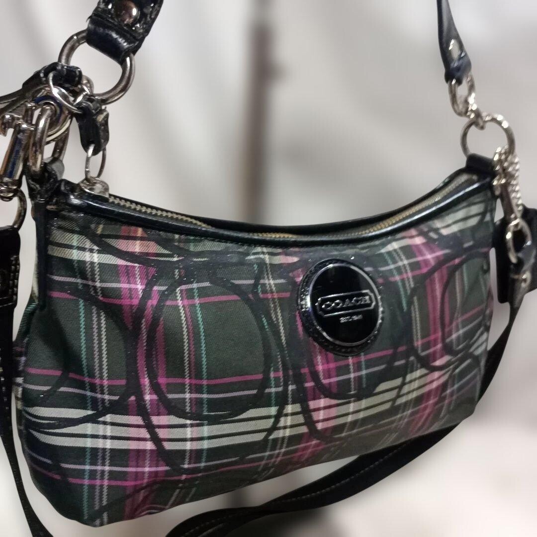 COACH Purple Check Half Moon Hobo Shoulder Bag Crossbody 2 Way Auth