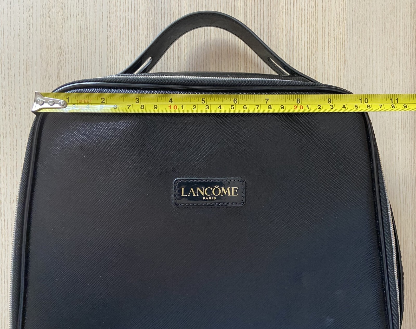 Lancome Square Trapeze Black Faux Leather Cosmetic Travel Case Bag with Handle