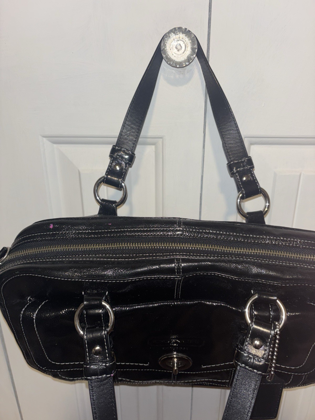 Coach Hampton Patent Black Satchel Top Handle Bag Purple Lining Pockets