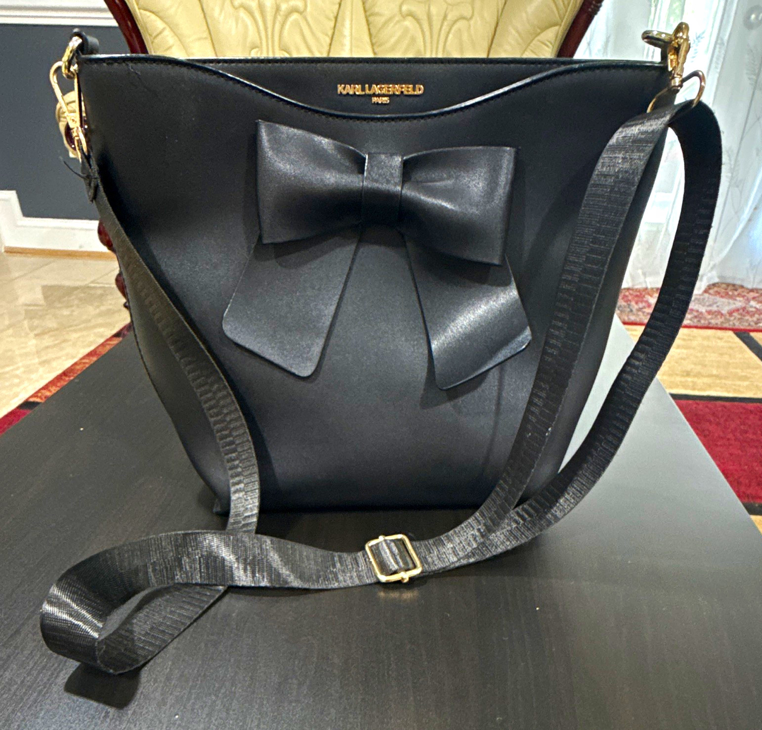 KARL LAGERFELD Women’s Black Bow Accent Crossbody Bag Adjustable Strap Gold