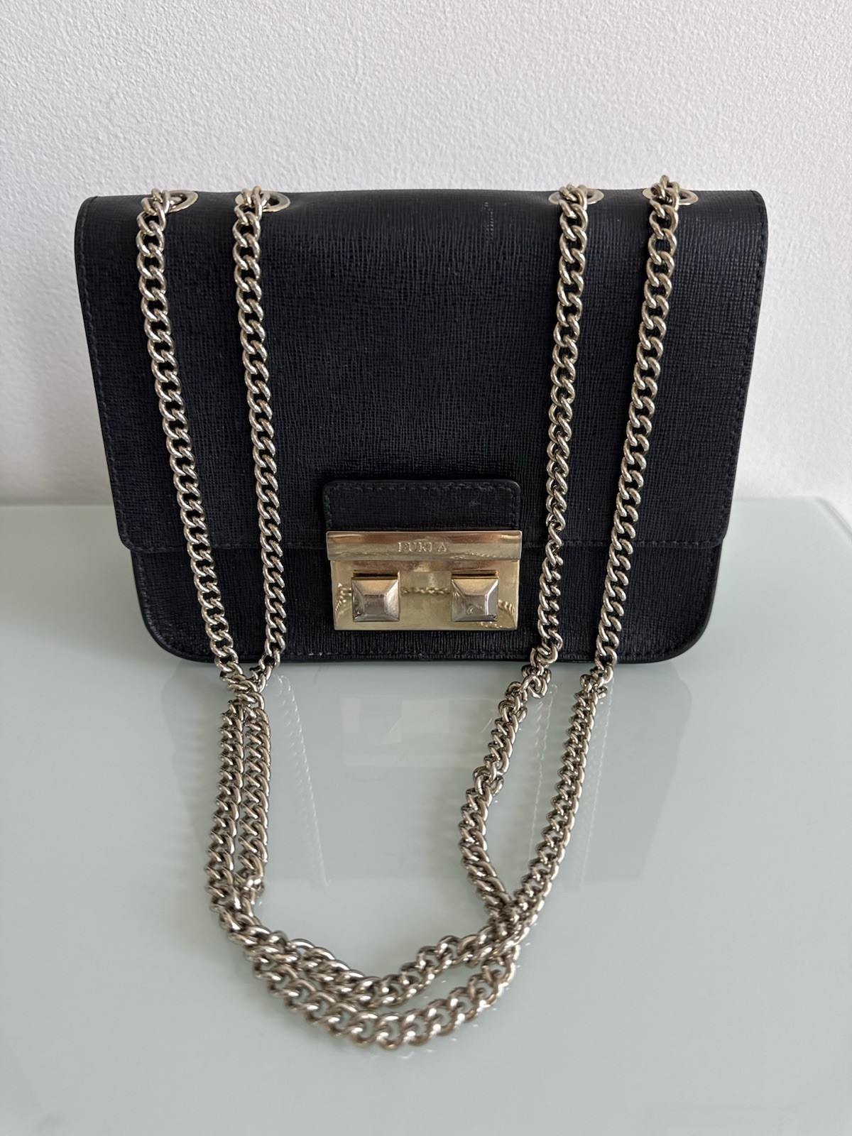 Furla Metropolis Black Leather Chain Shoulder Crossbody Bag Gold Hardware